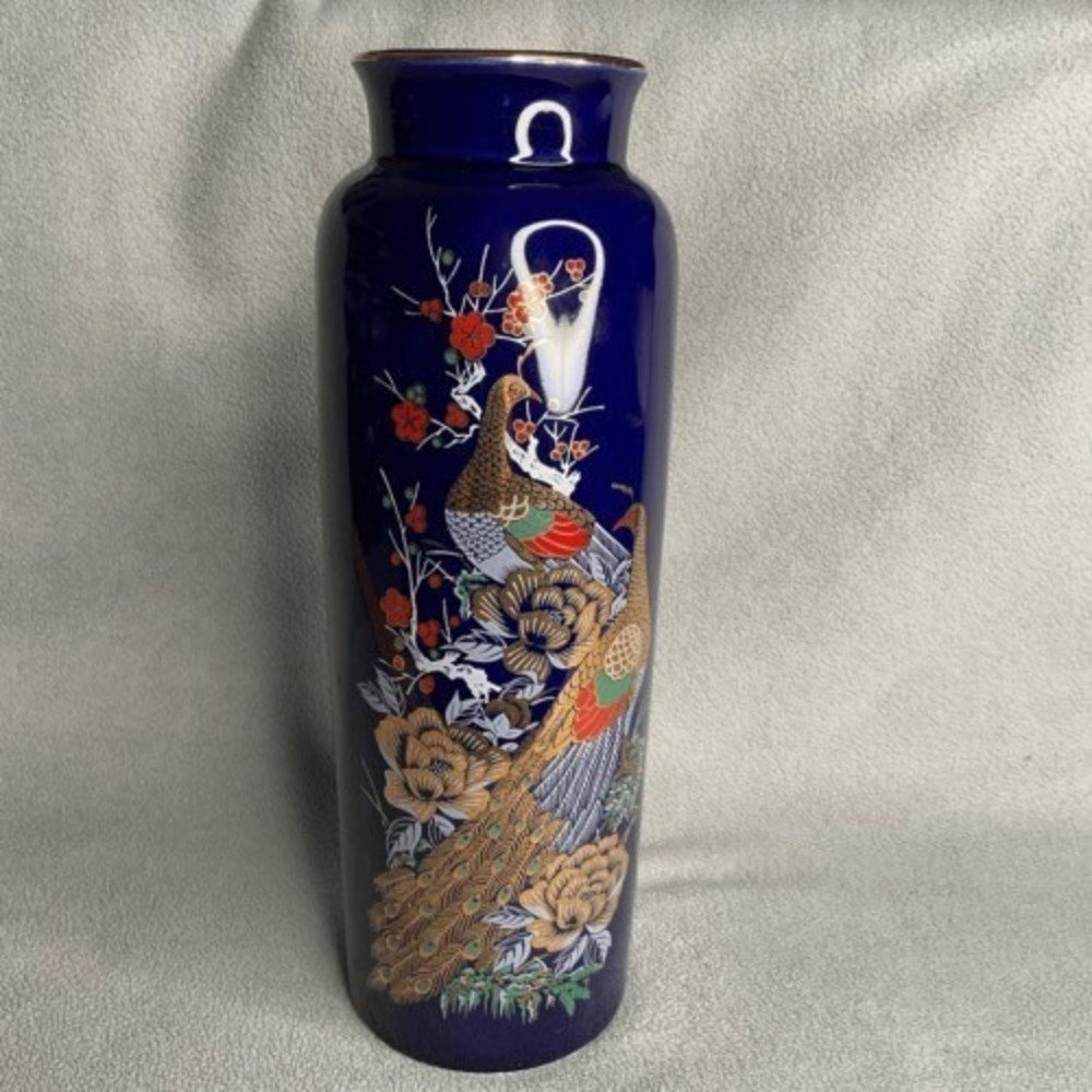 VTG Interpur Cobalt Blue Peacock Oriental Vase 22K Gold Trim Japan‎ 10.5" Japan